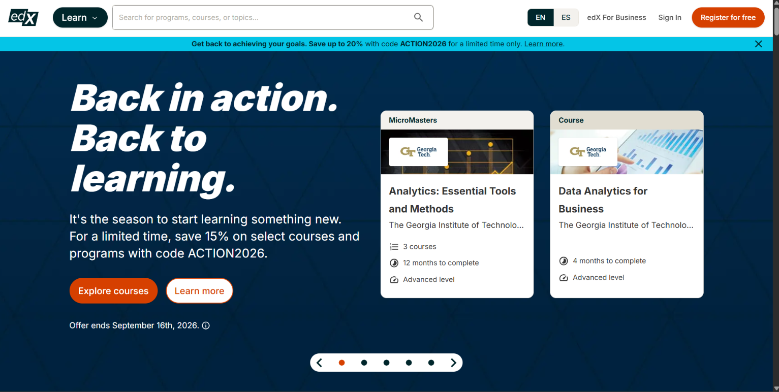Screenshot preview of the edX education platform website