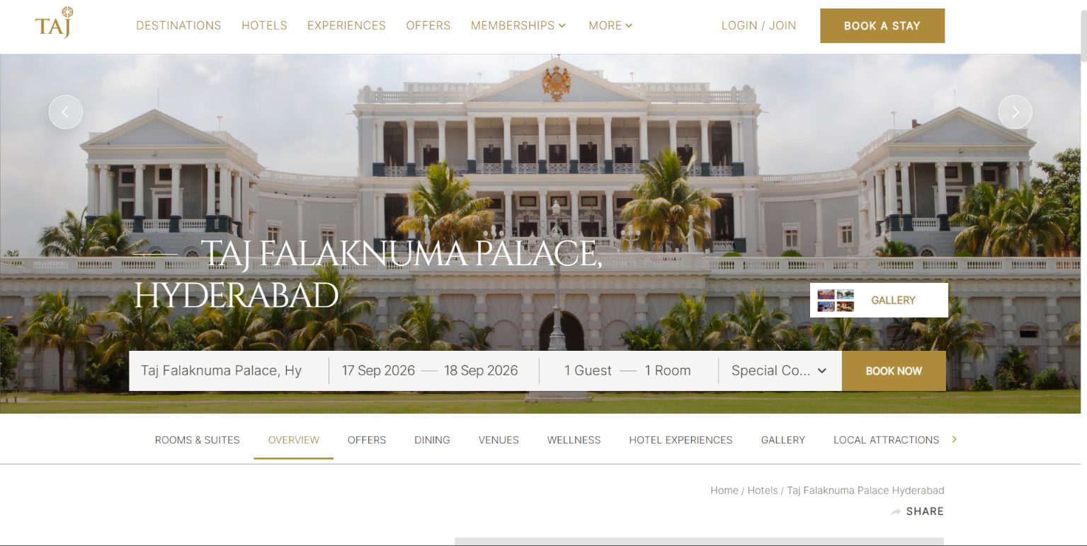 Screenshot preview of the Taj Falaknuma Palace Hyderabad website